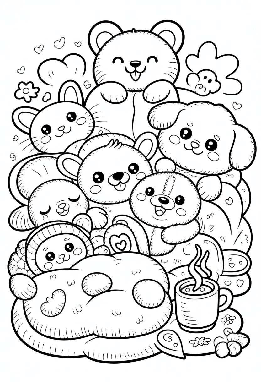 Cozy Friends Coloring Pages A Perfect List of 15 Relaxing Designs 12 A group of cute animals including a cat, bunny, bear, and puppy sitting together on a blanket with pillows and a cup of hot cocoa.